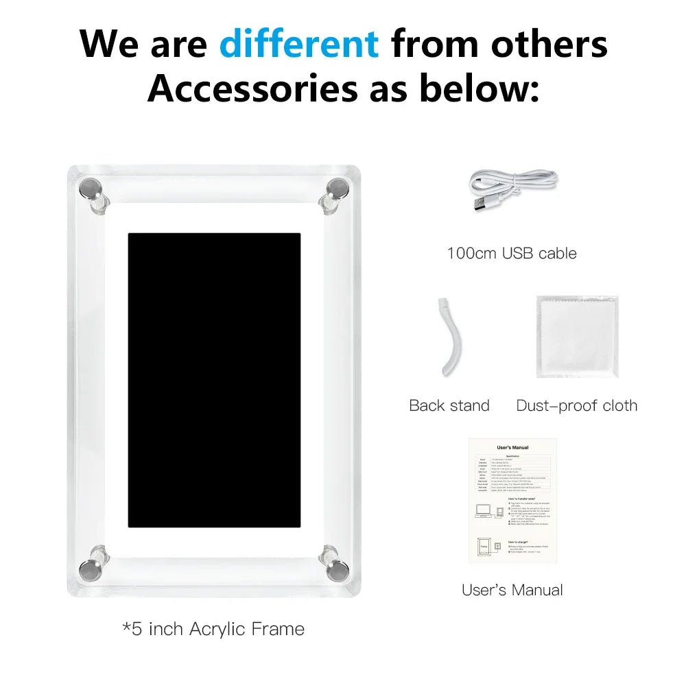 Digitale fotolijst acryl draadloos 12,7 cm IPS scherm oplaadbaar batterij foto video muziekweergave helder display | Sulvida