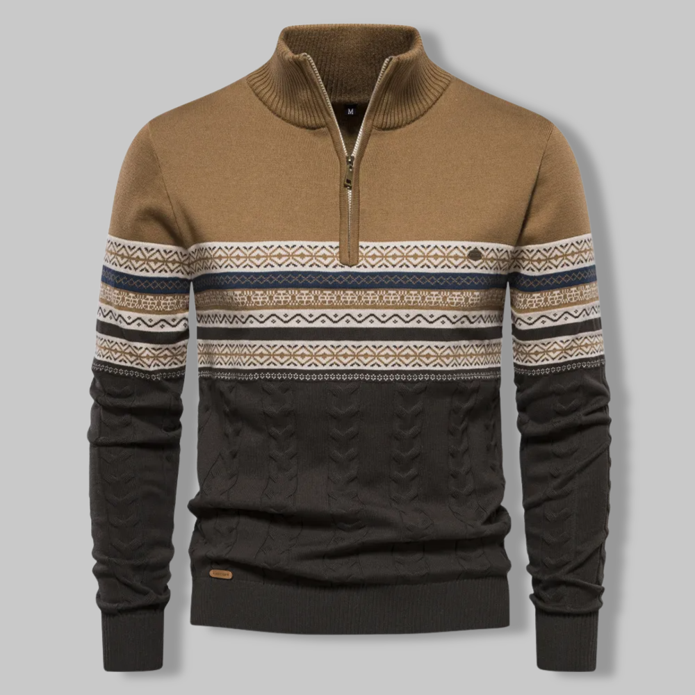 Heren Trui met Kabelpatroon en Kwart Rits Donkerblauw Ivoor Bordeaux Nordic Jacquard Gebreide Pullover | Sulvida