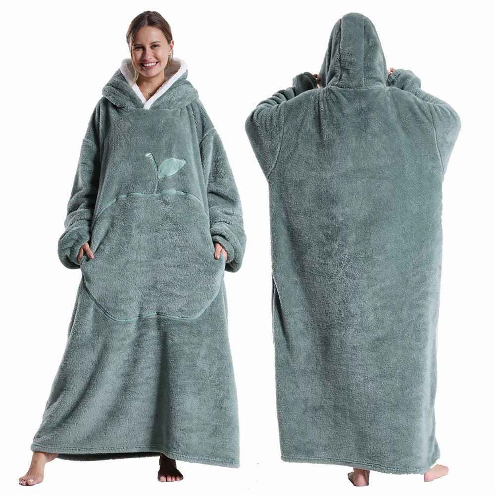 Draagbare deken met capuchon en mouwen zachte pluche fleece oversized hoodie plaid voor herfst en winter | Sulvida