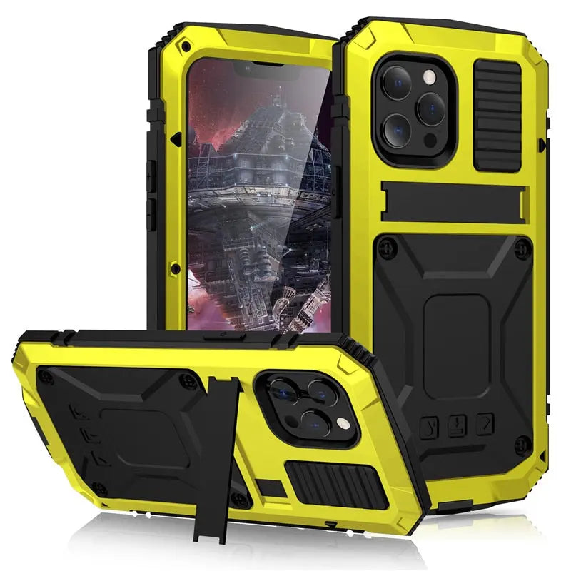 Coque de téléphone en métal iPhone 14 13 12 11 noire rouge argent jaune antichoc robuste bumper de protection | Sulvida