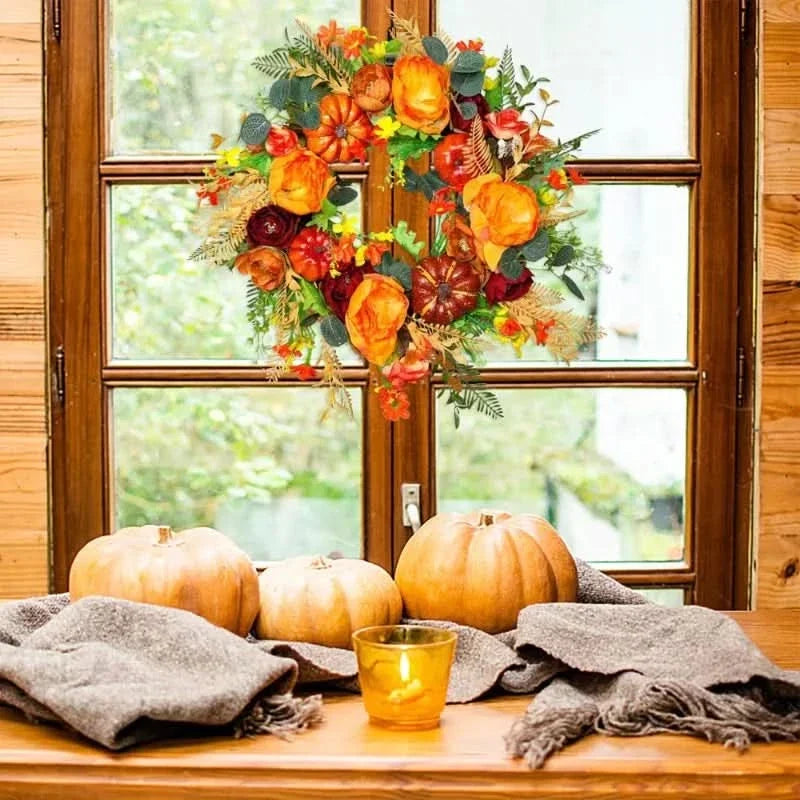 Herfststuk Pompoen met Rotan & Bladeren 40cm Oranje Bruin voor Deur Krans Herfstdecoratie Seizoen Interieur | Sulvida