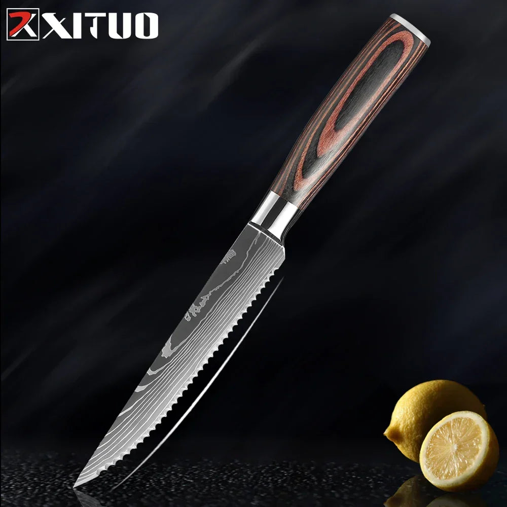 Collection de couteaux en acier inoxydable, 1 à 9 pièces, manche en bois, couteau de chef, couteau à légumes, couteau de cuisine universel professionnel | Sulvida