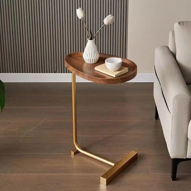 Mobiele bijzettafel C-vorm hout en metaal schuifbaar voor bank bed woonkamer slaapkamer salontafel nachtkastje | Sulvida