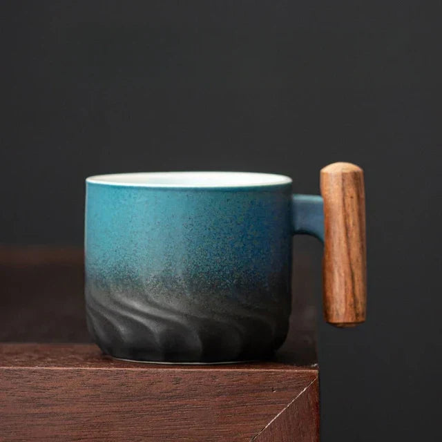 Keramische Espressokop 80ml met Houten Handvat Groen Blauw Zwart Theemok Filter Handgemaakt Koffiebeker | Sulvida