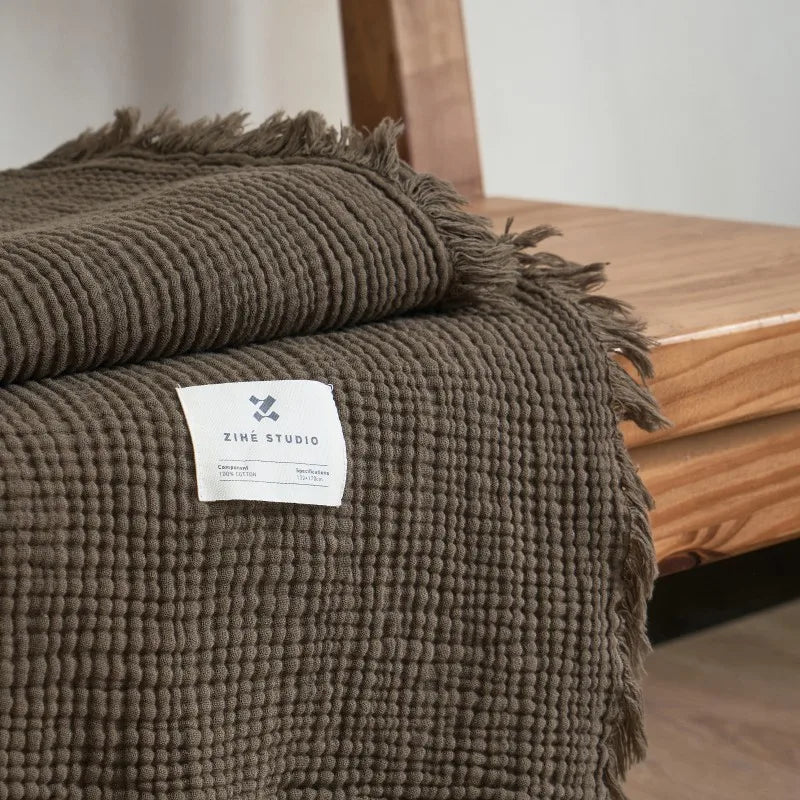 Katoenen Plaid met Kwastjes Vierlaags Gaasweefsel Effen Bankdeken Decoratief Gebreid voor Woonkamer Bank | Sulvida