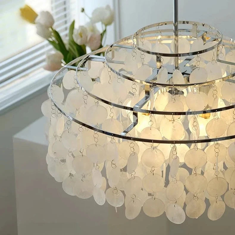 Ronde hanglamp met schelpenlagen en LED-verlichting voor sfeervolle woonkamer eetkamer entree en slaapkamer | Sulvida