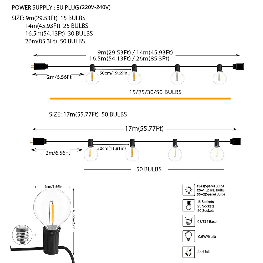 LED Bollampjes Lichtsnoer Outdoor IP44 Warm Wit Feestverlichting Tuin Terras Bruiloft Party Decoratie | Sulvida