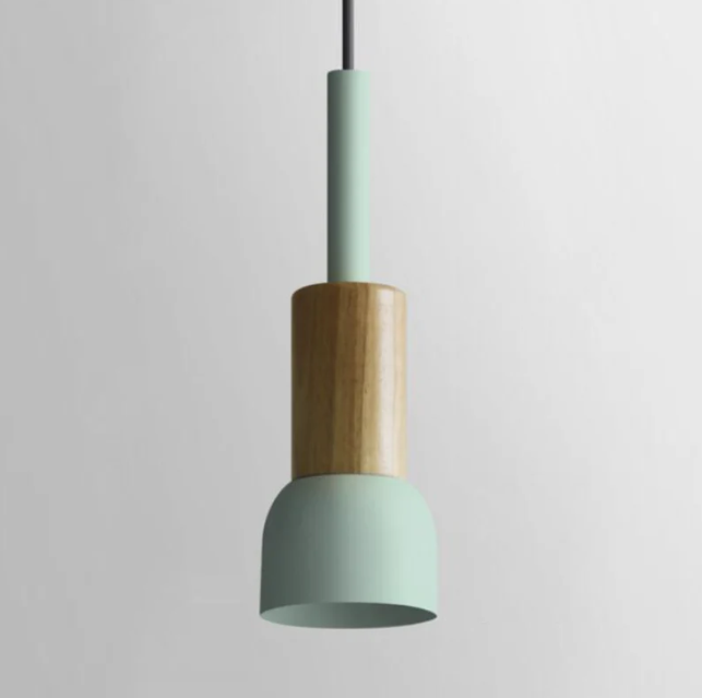 Suspension scandinave en bois avec fer coloré rose, jaune et vert, éclairage design pour salle à manger et salon, E26 | Sulvida