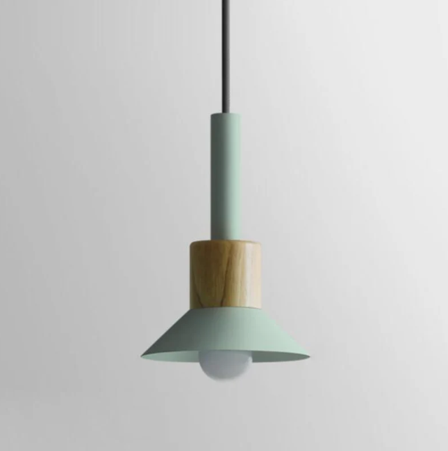 Suspension scandinave en bois avec fer coloré rose, jaune et vert, éclairage design pour salle à manger et salon, E26 | Sulvida