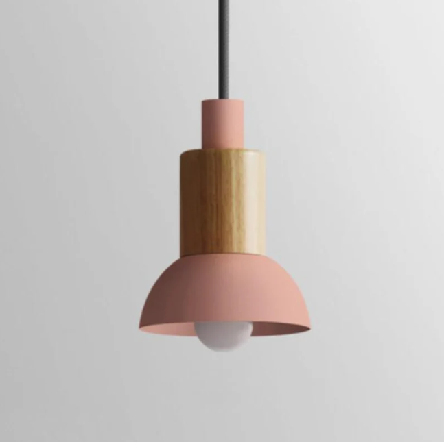 Suspension scandinave en bois avec fer coloré rose, jaune et vert, éclairage design pour salle à manger et salon, E26 | Sulvida