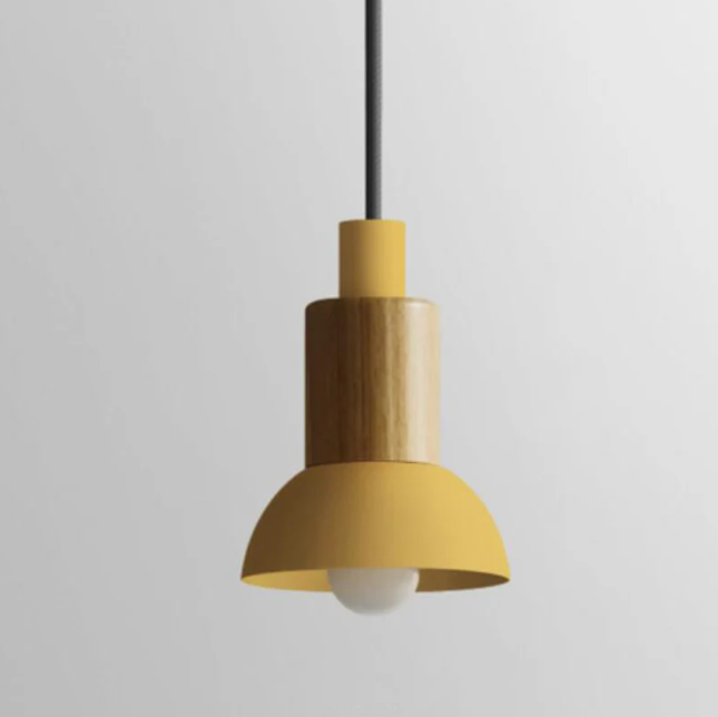 Suspension scandinave en bois avec fer coloré rose, jaune et vert, éclairage design pour salle à manger et salon, E26 | Sulvida