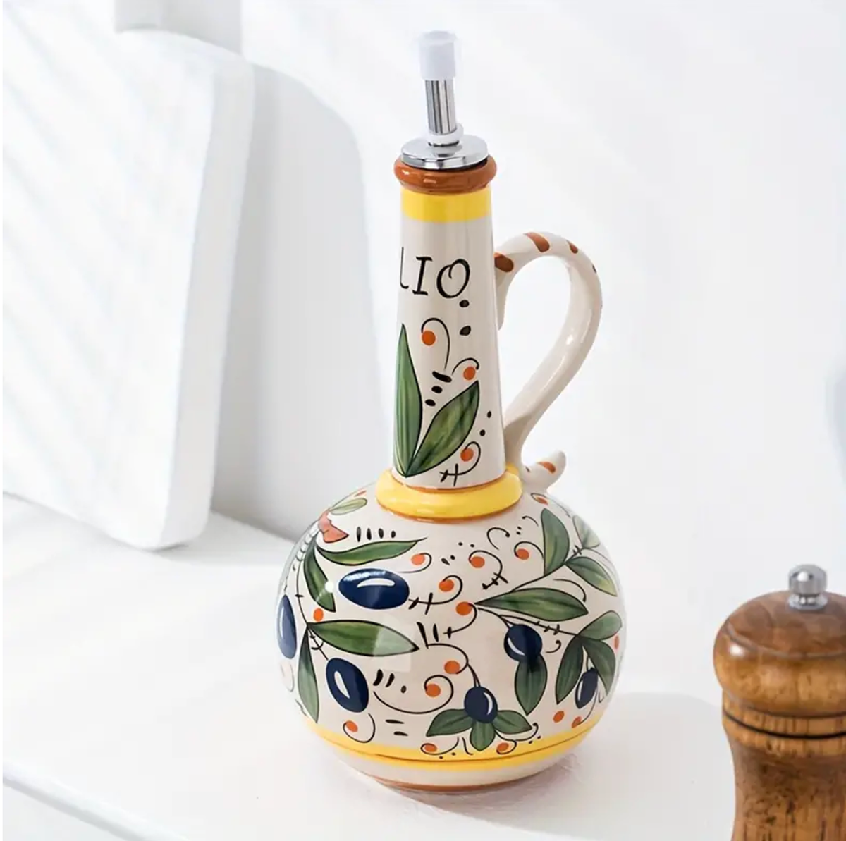 Keramische Olijfolie Dispenser Italiaans Design Handgeschilderd Bloemmotief 700ml Premium Keukenservies Tafel | Sulvida