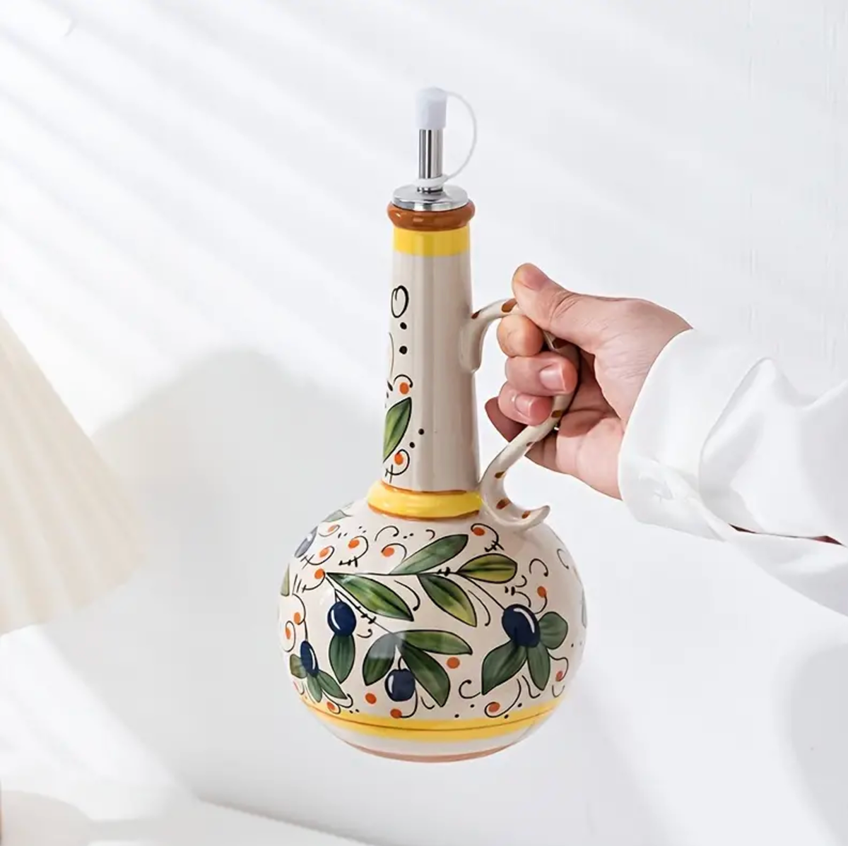 Keramische Olijfolie Dispenser Italiaans Design Handgeschilderd Bloemmotief 700ml Premium Keukenservies Tafel | Sulvida