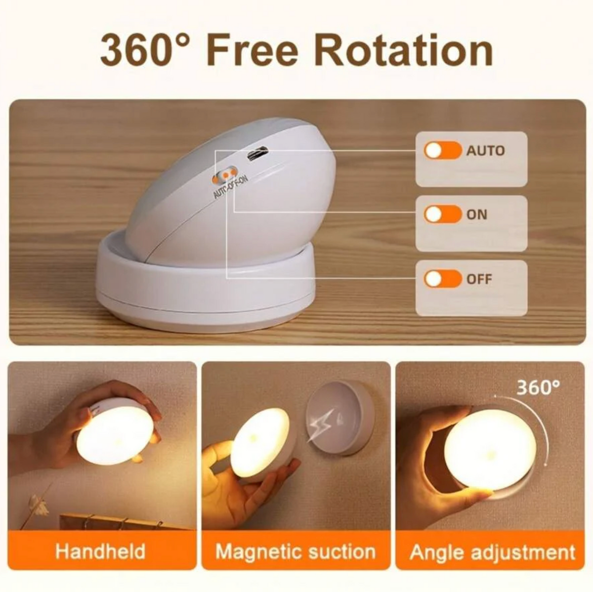 Draaibare LED Wandlamp met Bewegingssensor voor Gang Slaapkamer Keuken Acrylic 8x9cm Magnetisch Nachtlampje | Sulvida