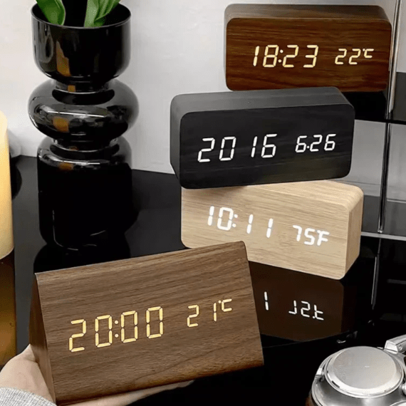 Moderne Houten Wekker met LED-Display Spraakactivering Thermometer Tijdsweergave Bureau Nachtkastje Alarm | Sulvida