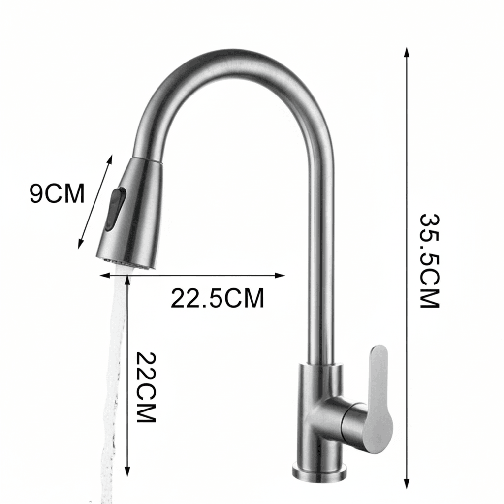 Robinet de cuisine avec douchette extractible pour un nettoyage facile, système de mitigeur flexible, chrome, noir brossé, gris | Sulvida