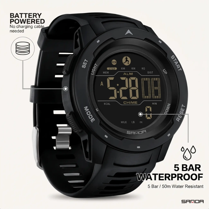 Waterdicht Digitaal Sporthorloge met Stappenteller – Militair Design voor Actieve Outdoor Lifestyle | Sulvida