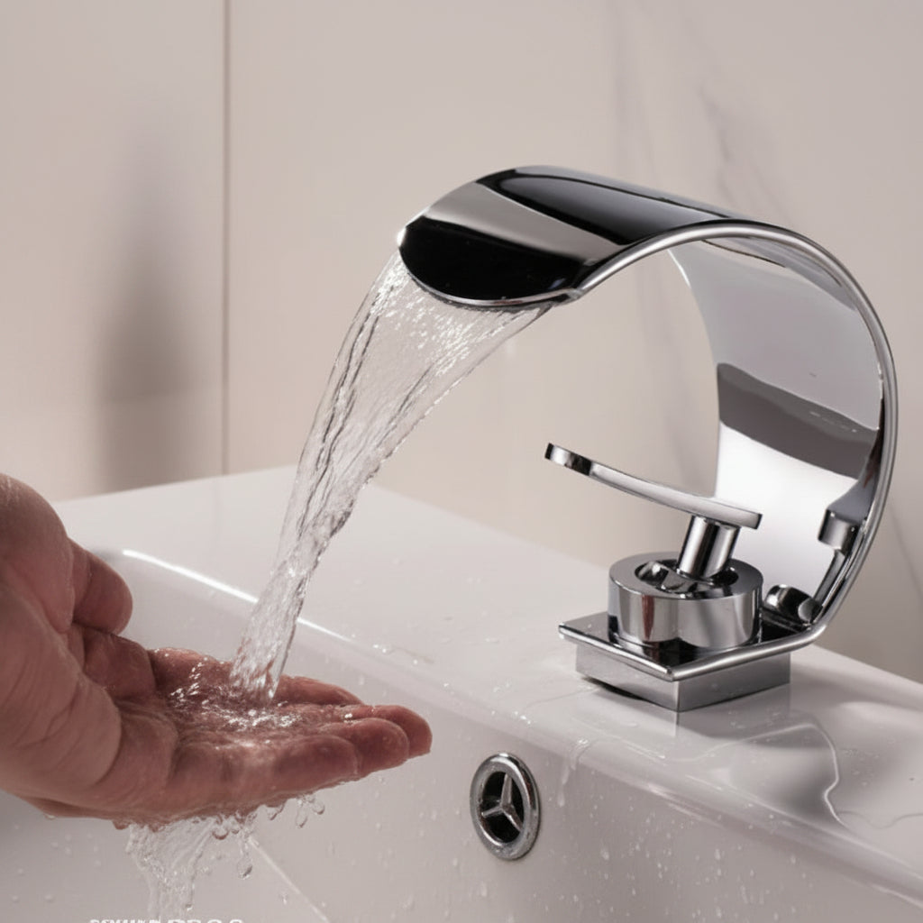 Mitigeur de lavabo à effet cascade, chromé, design moderne, kit de robinetterie, eau chaude et froide, valve en céramique, salle de bains | Sulvida