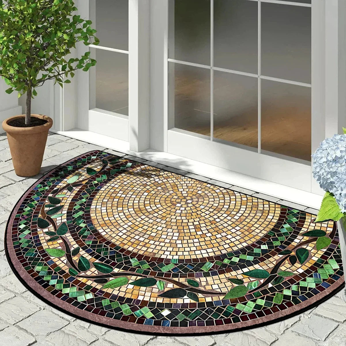Halfronde Deurmat Buitenmat Antislip Mozaïek Vintage Bloemenpatroon Geometrisch Design Balkon Ingang | Sulvida
