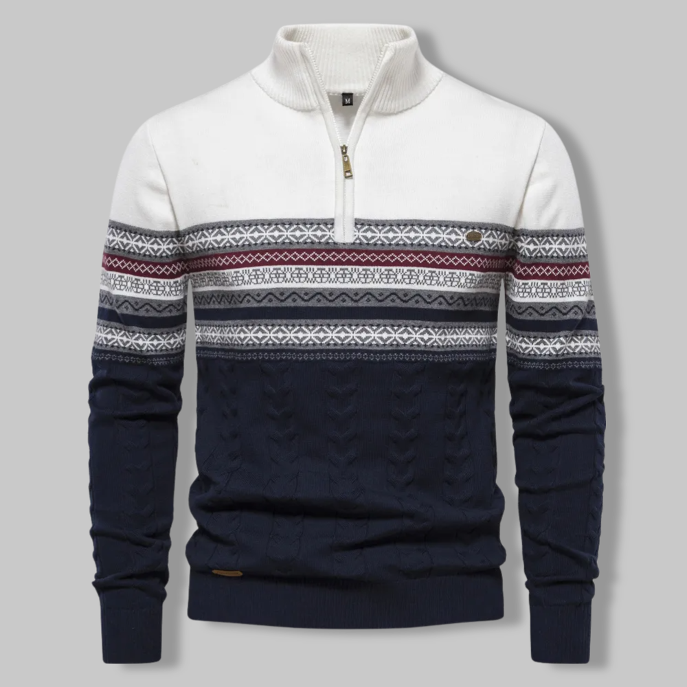 Heren Trui met Kabelpatroon en Kwart Rits Donkerblauw Ivoor Bordeaux Nordic Jacquard Gebreide Pullover | Sulvida