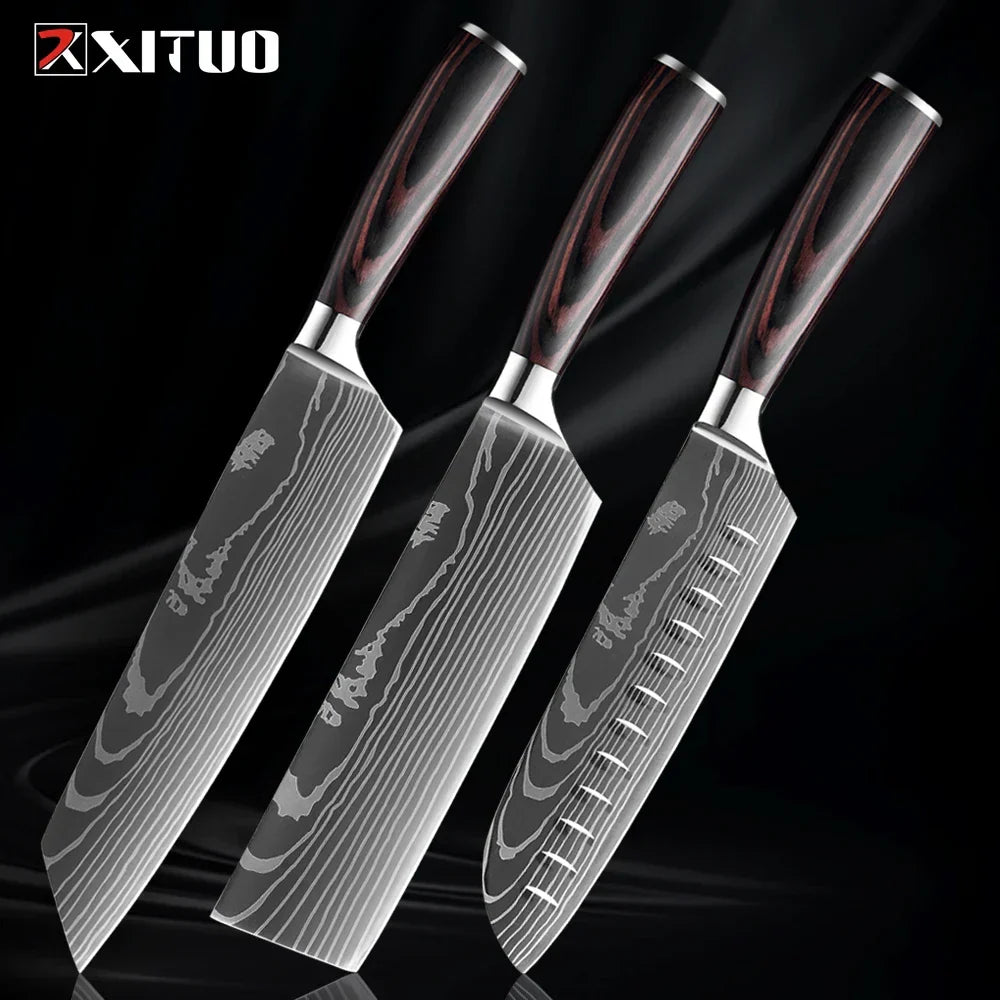 Collection de couteaux en acier inoxydable, 1 à 9 pièces, manche en bois, couteau de chef, couteau à légumes, couteau de cuisine universel professionnel | Sulvida