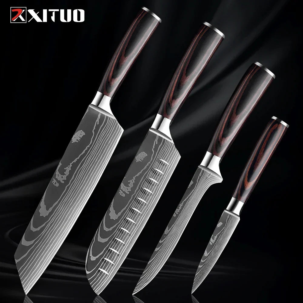 Collection de couteaux en acier inoxydable, 1 à 9 pièces, manche en bois, couteau de chef, couteau à légumes, couteau de cuisine universel professionnel | Sulvida