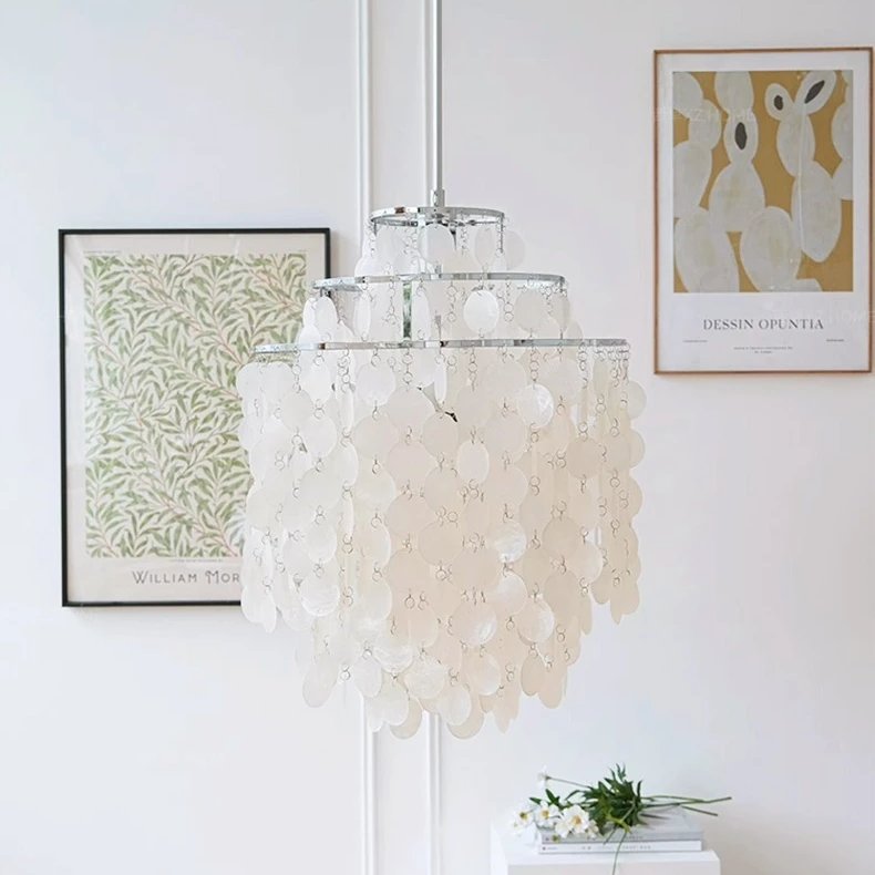 Ronde hanglamp met schelpenlagen en LED-verlichting voor sfeervolle woonkamer eetkamer entree en slaapkamer | Sulvida
