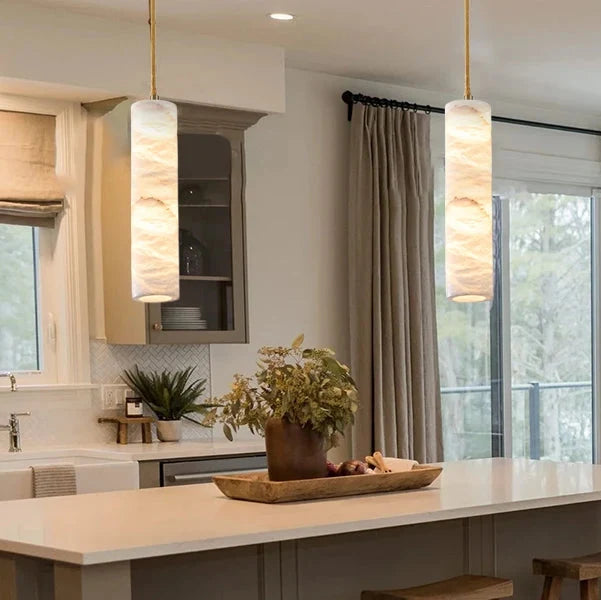 Hanglamp Albast Steen met Satijn Messing Cilinder Natuursteen Lichtdiffusie Warm LED Eetkamer Woonkamer | Sulvida
