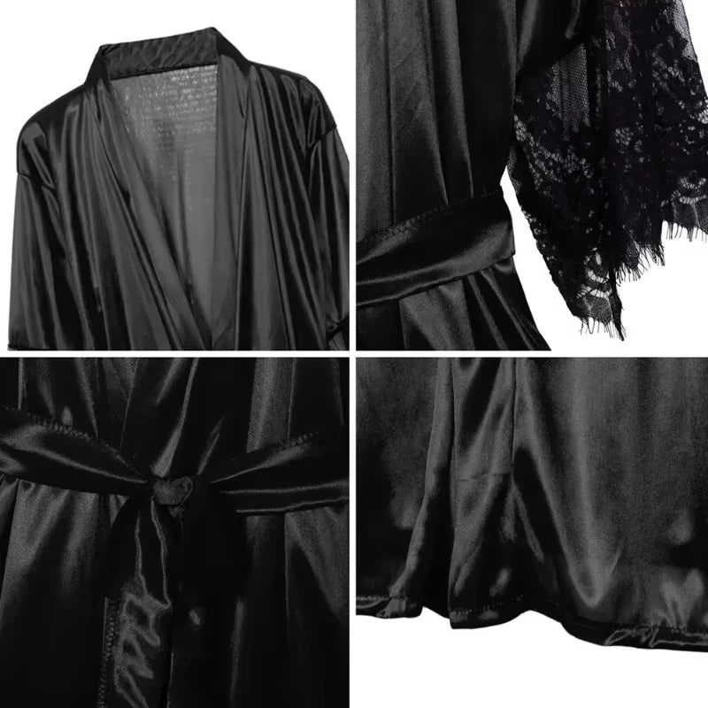Peignoir en satin pour femme avec dentelle, tenue de soirée, vêtement de nuit, robe d’intérieur, tenue d’intérieur, chemise de nuit à manches courtes, peignoir de luxe | Sulvida