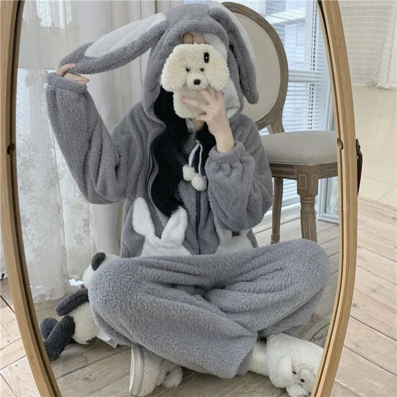 Warme Bunny Jumpsuit Pyjama met Capuchon – Zachte Huispak voor Koude Avonden – Onesie met Konijnenoren | Sulvida