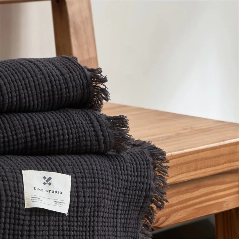 Zeslaags Katoenen Plaid met Franjes 130x170 en 200x230 Decoratief Woonplaid Mousseline Textiel Bankdeken | Sulvida