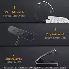 Leeslamp USB Oplaadbaar met Klem 3 Lichtkleuren Dimbaar Flexibele Leesverlichting Clip voor Boek Bureau Bed | Sulvida