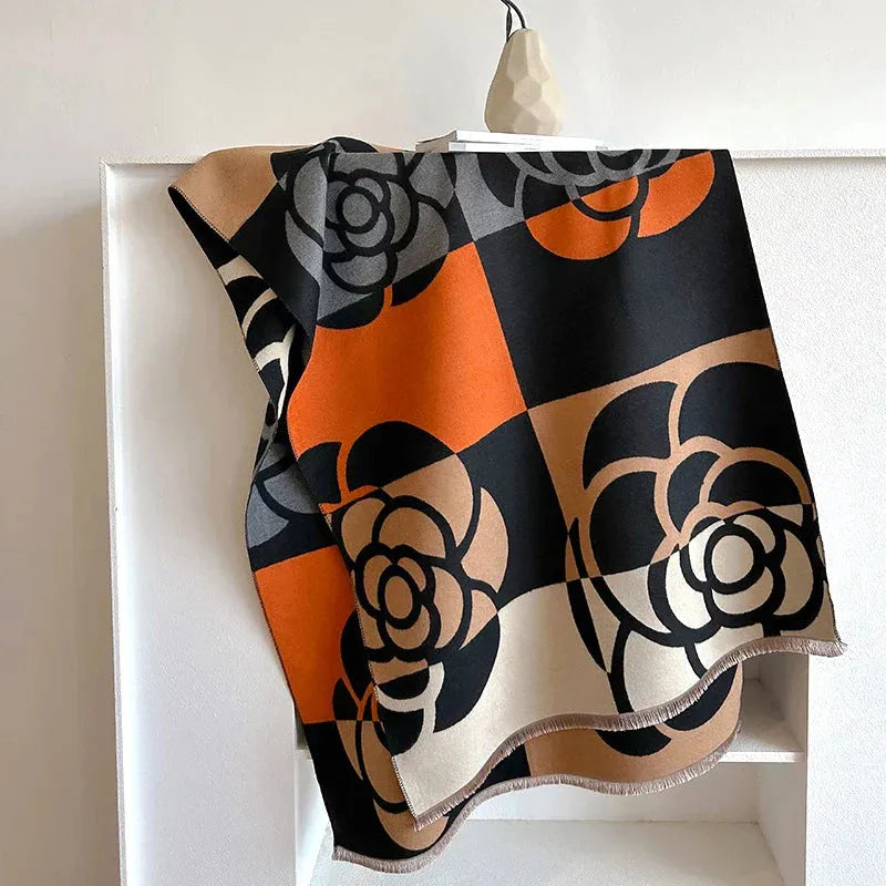 Dubbelzijdige Kasjmier Wintersjaal 185x65cm Bloemdesign Roze Oranje Grijs Dames Sjaal Warm Zacht Elegant | Sulvida