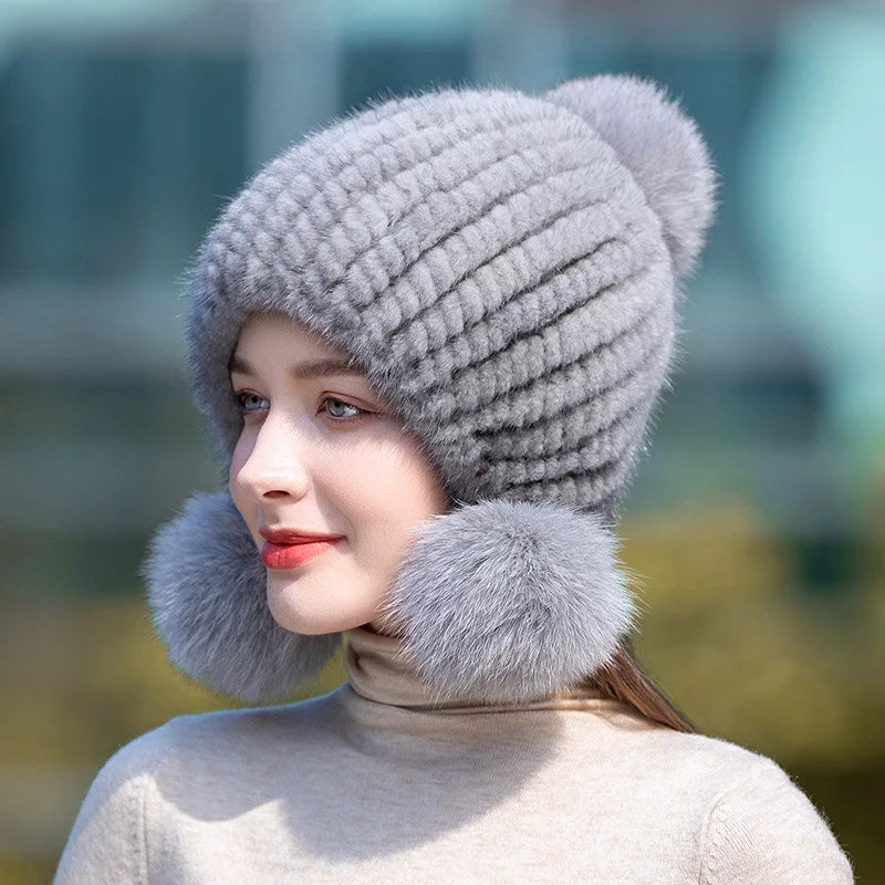 Gebreide Bontmuts Dames met Pompom Spiraalpatroon Wintermuts Herfst Winter Vrouwen Warm Luxe Echt Bont | Sulvida