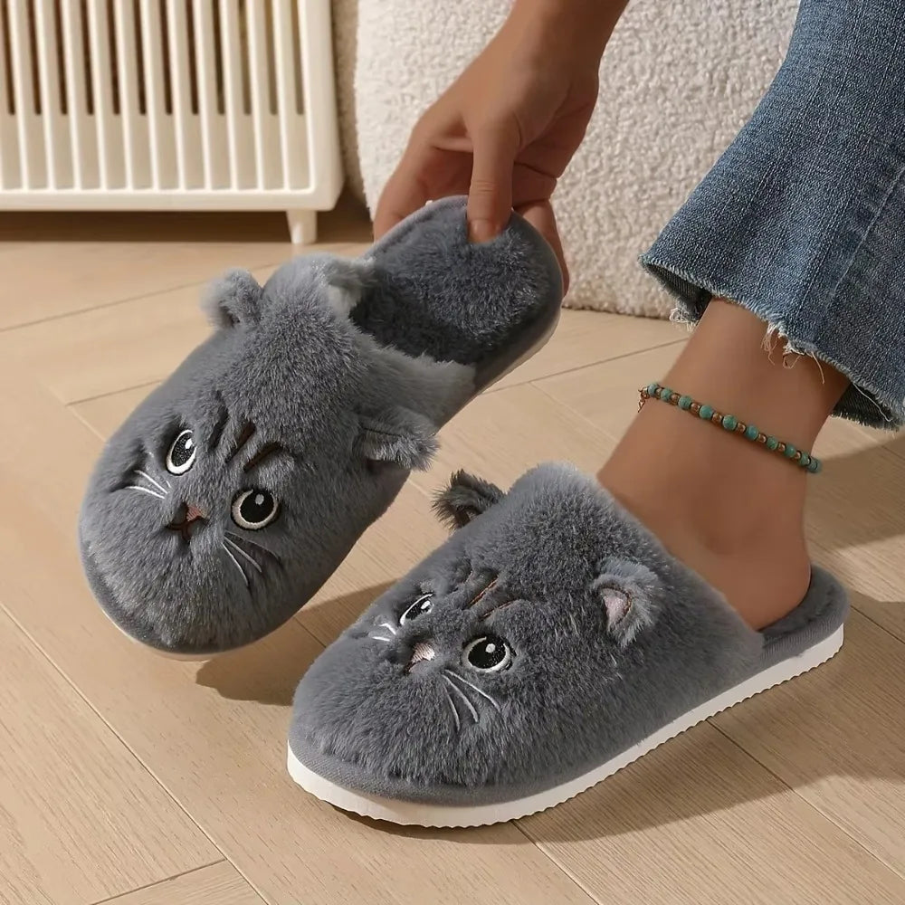 Dames Pluche Pantoffels met Kattenmotief Winter Huisschoenen Warme Instappers Antislip Binnenschoenen | Sulvida