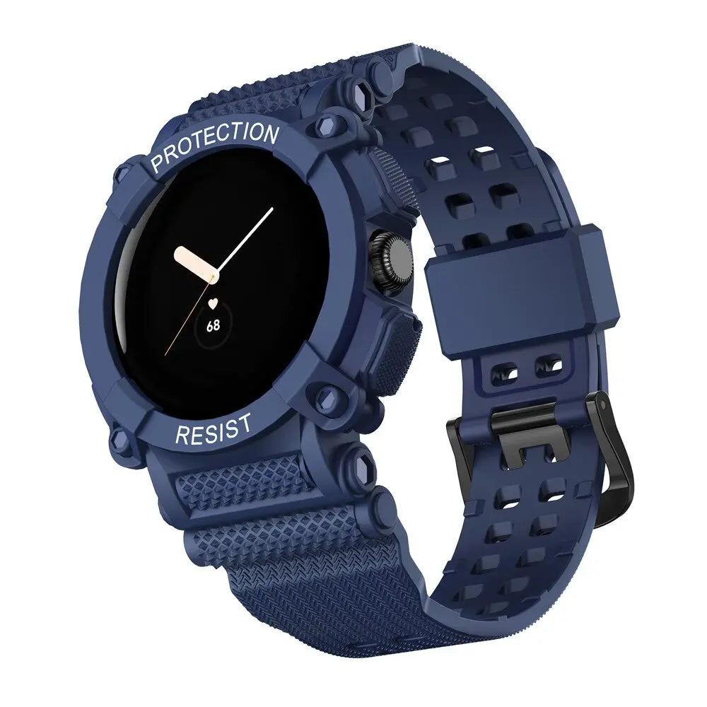 Bracelet de montre avec coque de protection pour Pixel Watch et Pixel Watch 2 sport en silicone hybride noir | Sulvida