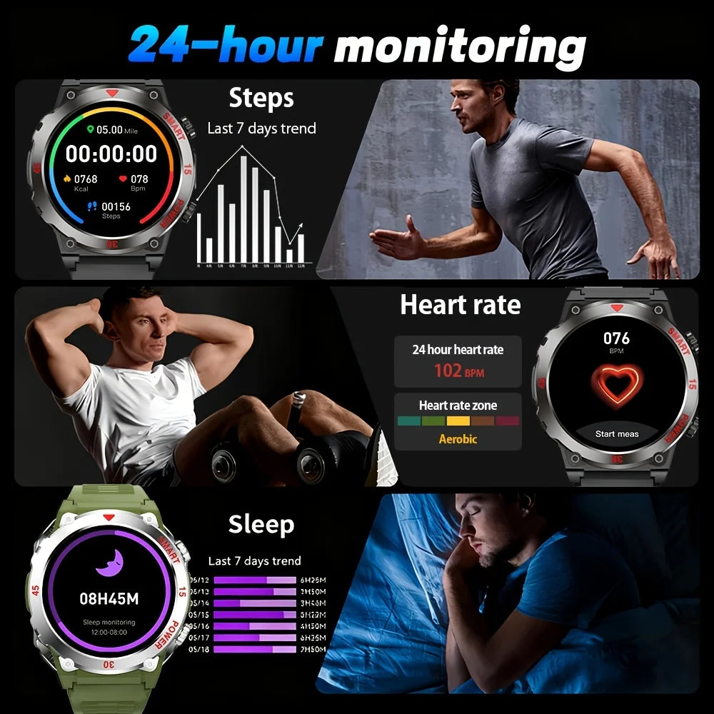 Smartwatch Rond 1.52 Inch HD Scherm Zaklamp Hartslagmeter Bluetooth Bellen Magnetisch Opladen Fitness | Sulvida