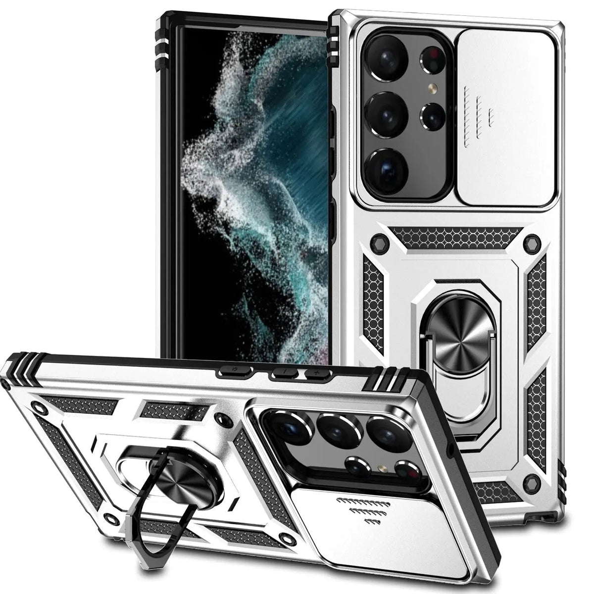 Coque de téléphone avec support et protection des objectifs pour Samsung Galaxy S23 Series, antichoc, en silicone | Sulvida