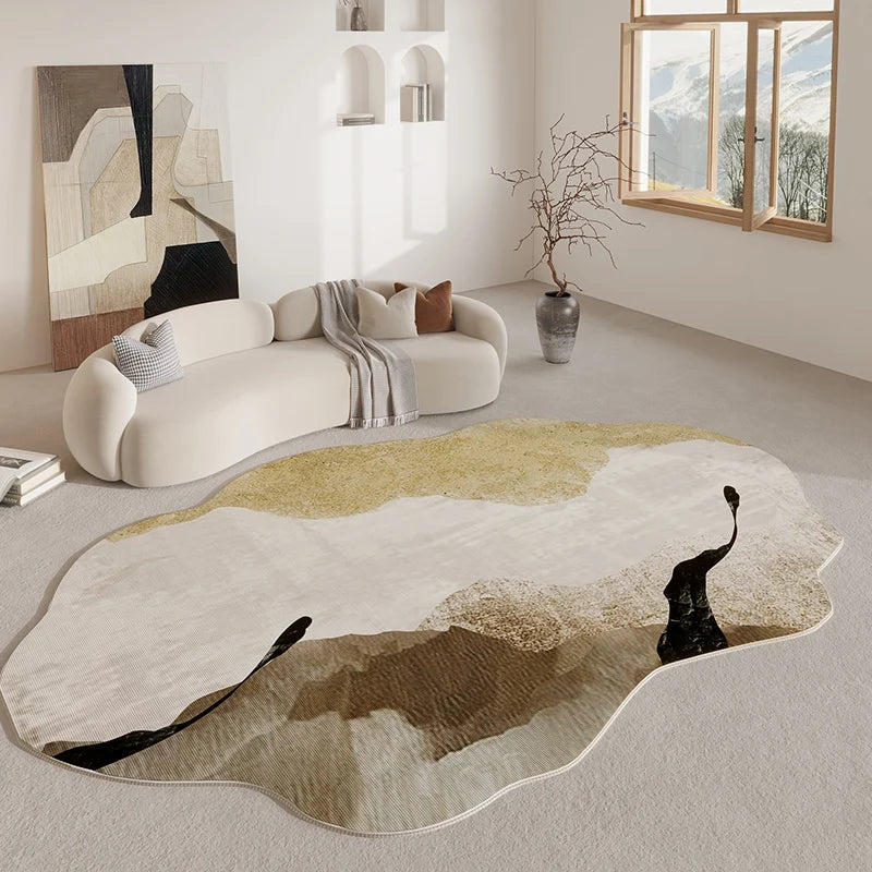 Tapis de forme irrégulière en polyester antidérapant pour salon, chambre et couloir, style rétro décoratif moderne | Sulvida