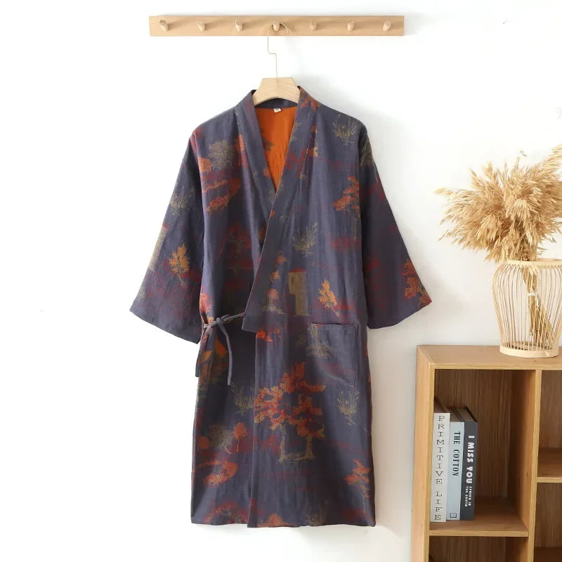 Kimono Ochtendjas Heren Katoen Lange Stijl Bedrukt Blauw Groen Grijs Navy Zomer Herfst Badkamer Lounge | Sulvida