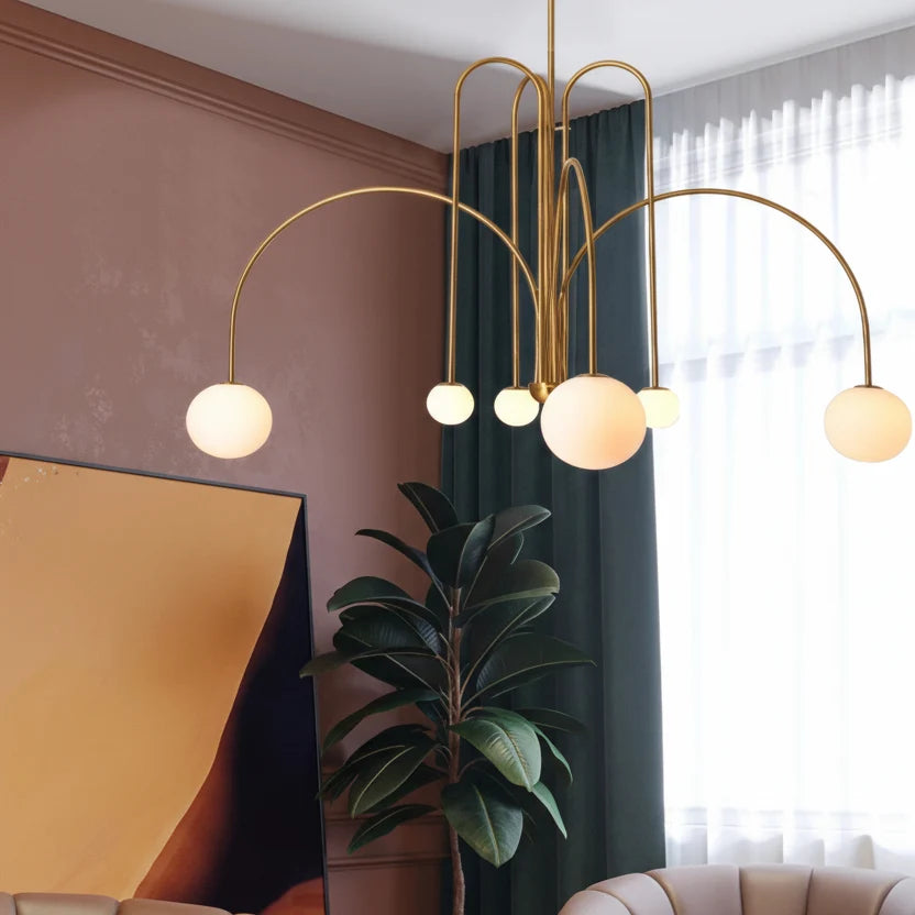 Kroonluchter met Glazen Bollen Geborsteld Metaal Goud Zwart Rood Scandinavisch Design Woonkamer Eetkamer | Sulvida