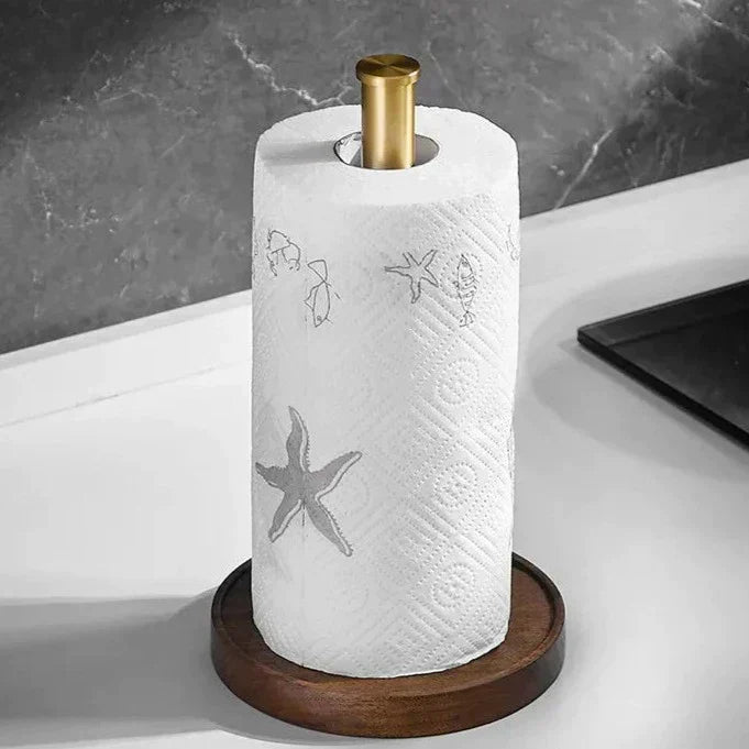 Keukenrolhouder Notenhout Geborsteld Messing Staand Design Handdoekhouder Keukenaccessoire Luxe Keuken | Sulvida