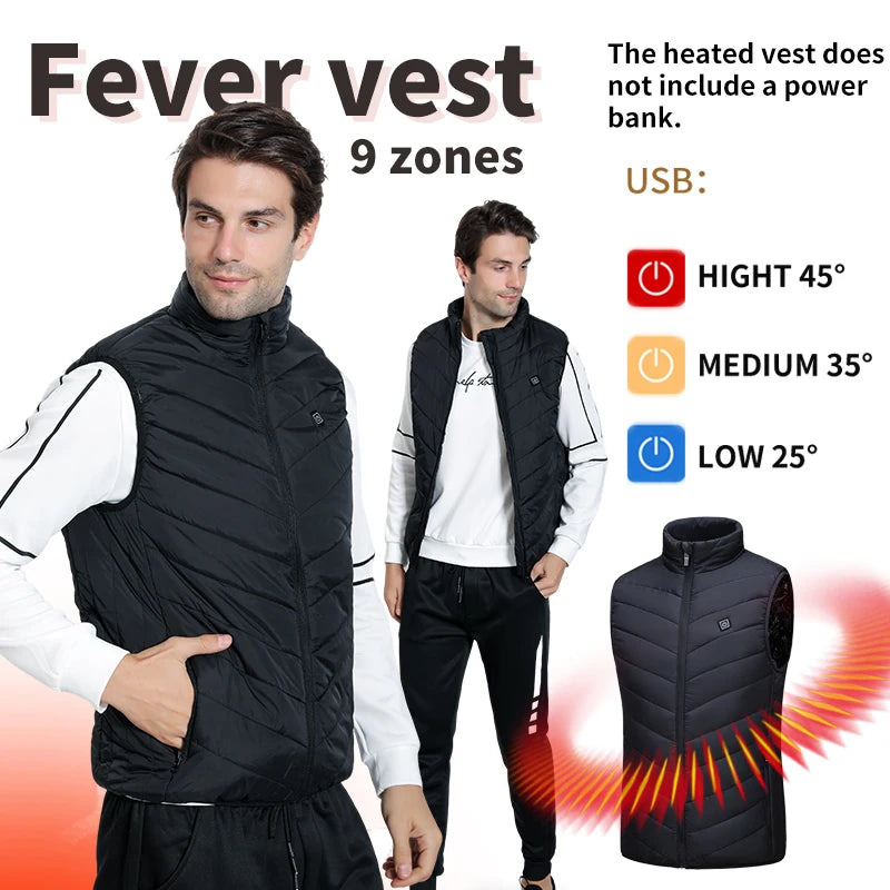 Verwarmbaar Herenvest 9 Zones USB-Verwarming Bodywarmer Outdoor Sportief Casual Herfst Winter Warmte | Sulvida