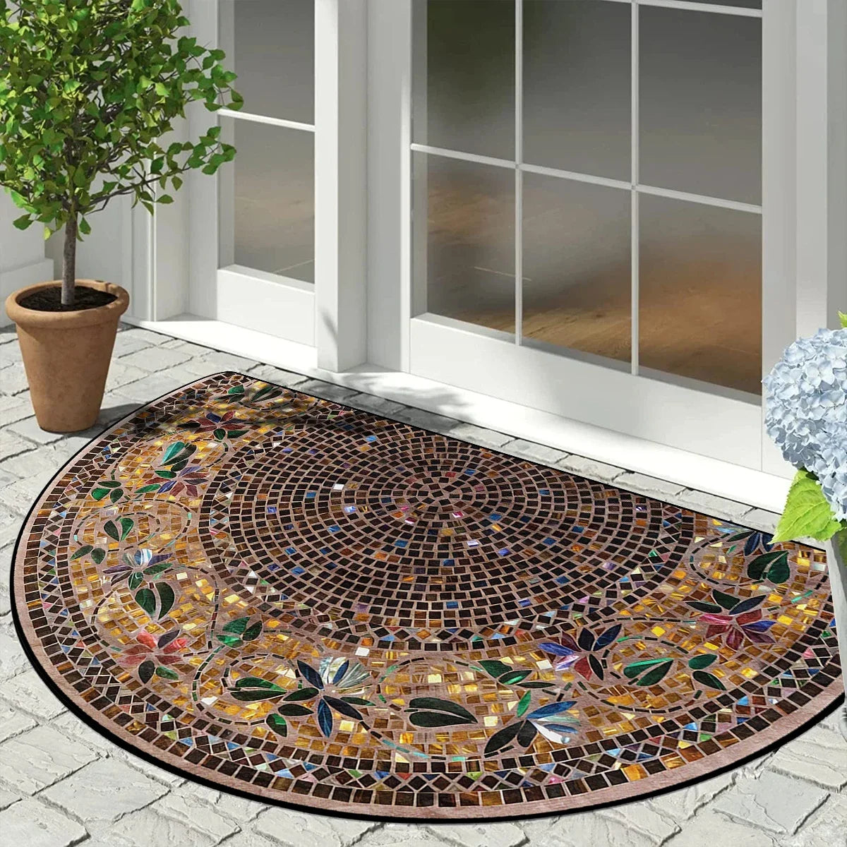 Halfronde Deurmat Buitenmat Antislip Mozaïek Vintage Bloemenpatroon Geometrisch Design Balkon Ingang | Sulvida
