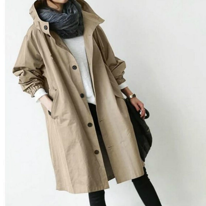 Winddichte Dames Trenchcoat met Capuchon Midi Lengte Losse Pasvorm voor Herfst Winter | Sulvida