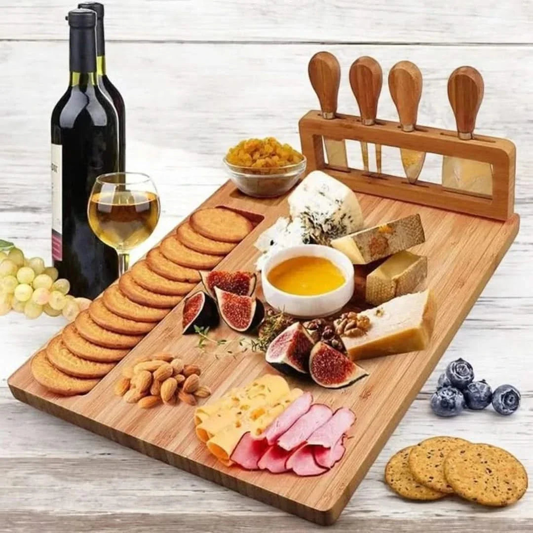 Serveerplateau Set met Ingebouwde Messenhouder Bamboe 4 Kaasmesjesstel voor Hapjes Charcuterie Borrelplank | Sulvida