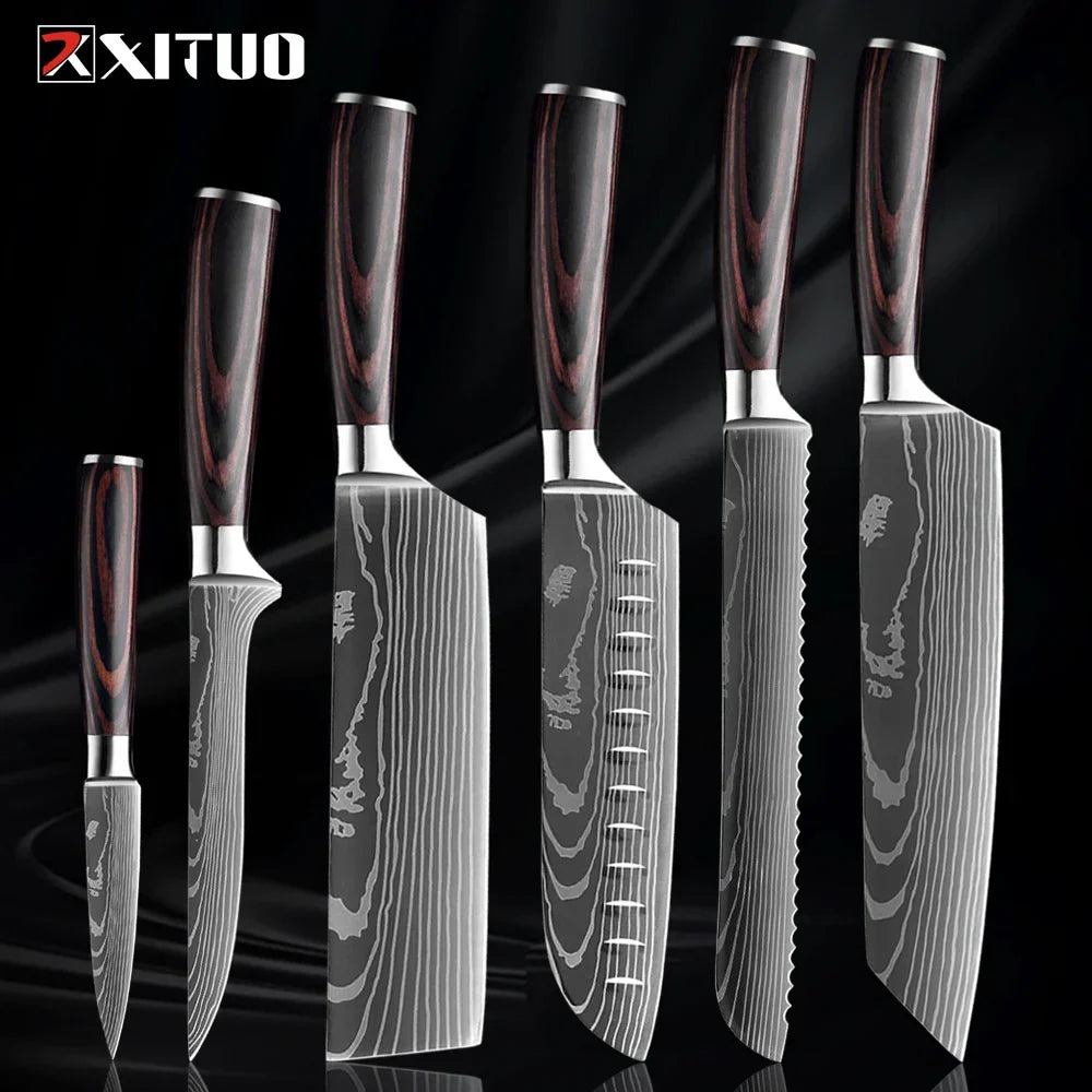 Collection de couteaux en acier inoxydable, 1 à 9 pièces, manche en bois, couteau de chef, couteau à légumes, couteau de cuisine universel professionnel | Sulvida