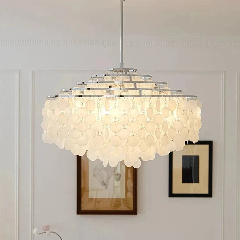 Ronde hanglamp met schelpenlagen en LED-verlichting voor sfeervolle woonkamer eetkamer entree en slaapkamer | Sulvida