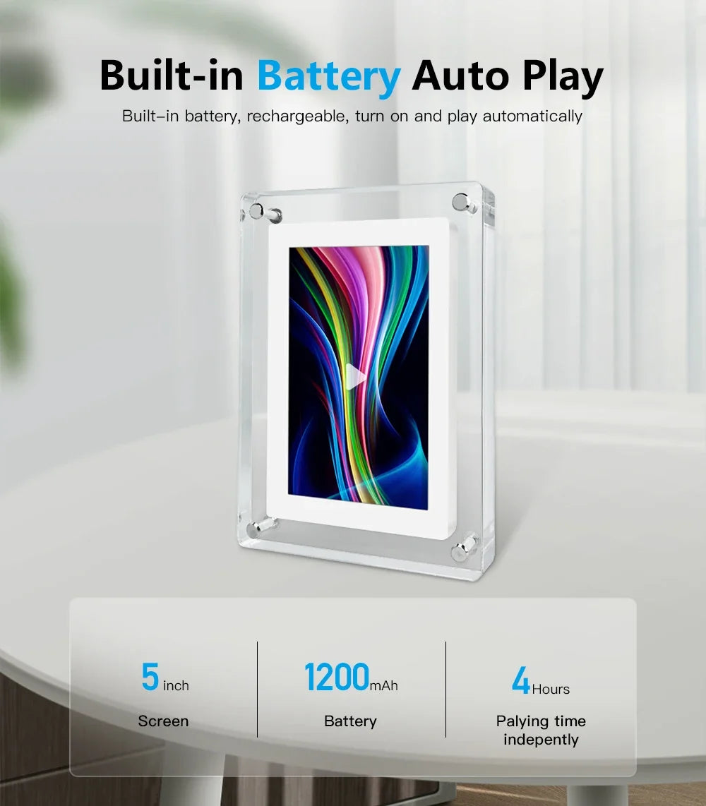 Digitale fotolijst acryl draadloos 12,7 cm IPS scherm oplaadbaar batterij foto video muziekweergave helder display | Sulvida