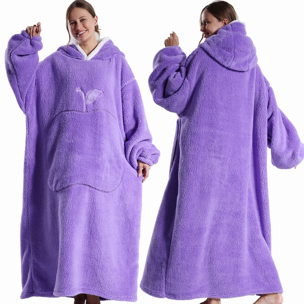 Draagbare deken met capuchon en mouwen zachte pluche fleece oversized hoodie plaid voor herfst en winter | Sulvida